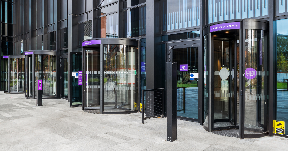 revolving door at main entrance to Manchester Engineering Campus Development MECD